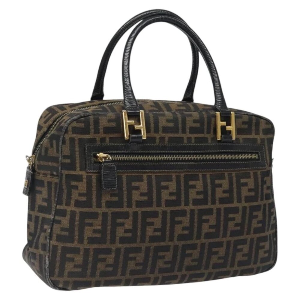 FENDI Zucca Canvas Hand Bag Black Brown gold Auth ar13453
